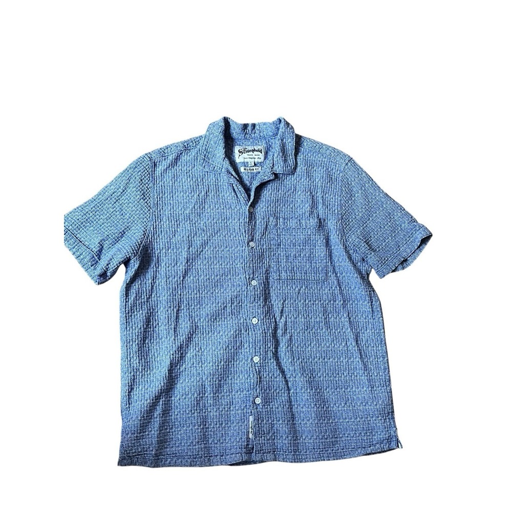 The Stronghold Los Angeles Camp Shirt Large Blue White Woven Short Sleeve